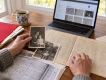 An older person's hands hold a vintage photo of a mother and child over a desk covered in historical census and parish records, with a laptop showing a records search.