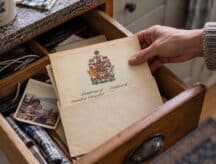 A picture of a woman removing an old Canadian citizenship certificate from a drawer.