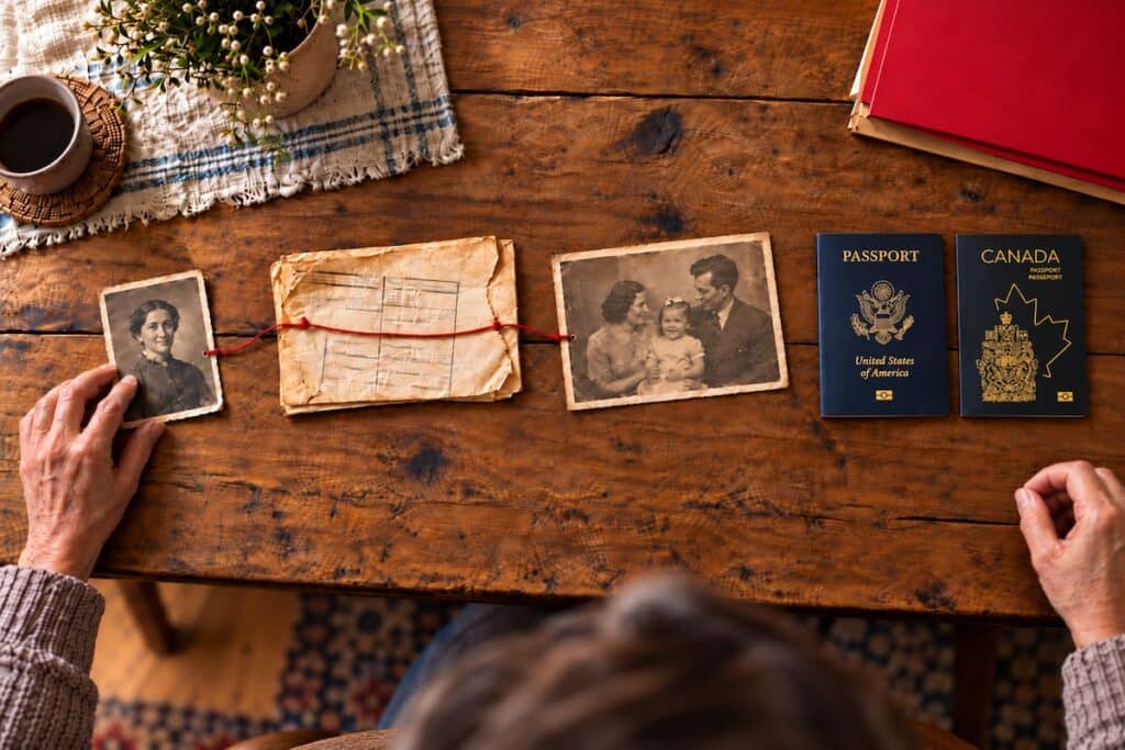 An older woman's hands trace a family line across a wooden table, with old family photos and a weathered record joined by red string, with both a Canadian and American passport sitting next to it.