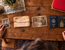 An older woman's hands trace a family line across a wooden table, with old family photos and a weathered record joined by red string, with both a Canadian and American passport sitting next to it.
