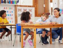 Elementary school teacher helping students.