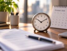 A clock, calendar, and paper work on a table.