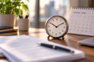 A clock, calendar, and paper work on a table.