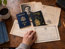 A person sits at their desk with papers tracing their family lineage strewn throughout a desk.