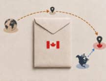 An image of an application envelope with a representation of applying from within north america, or from abroad