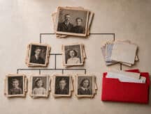 Vintage black-and-white family portraits arranged as a family tree on cream paper, with a red folder of documents beside one branch.