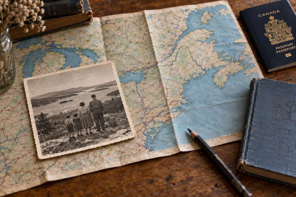A Canadian passport, a family photo of four people overlooking a lake, a pencil and an old notebook rest on a vintage map of the Great Lakes, New England and Atlantic Canada.
