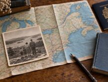 A Canadian passport, a family photo of four people overlooking a lake, a pencil and an old notebook rest on a vintage map of the Great Lakes, New England and Atlantic Canada.