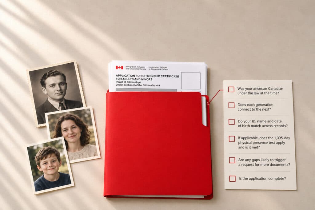 A red folder holding a Canadian proof of citizenship application form, next to three family photos from different generations and a checklist of six questions an IRCC officer asks.