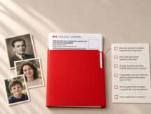 A red folder holding a Canadian proof of citizenship application form, next to three family photos from different generations and a checklist of six questions an IRCC officer asks.