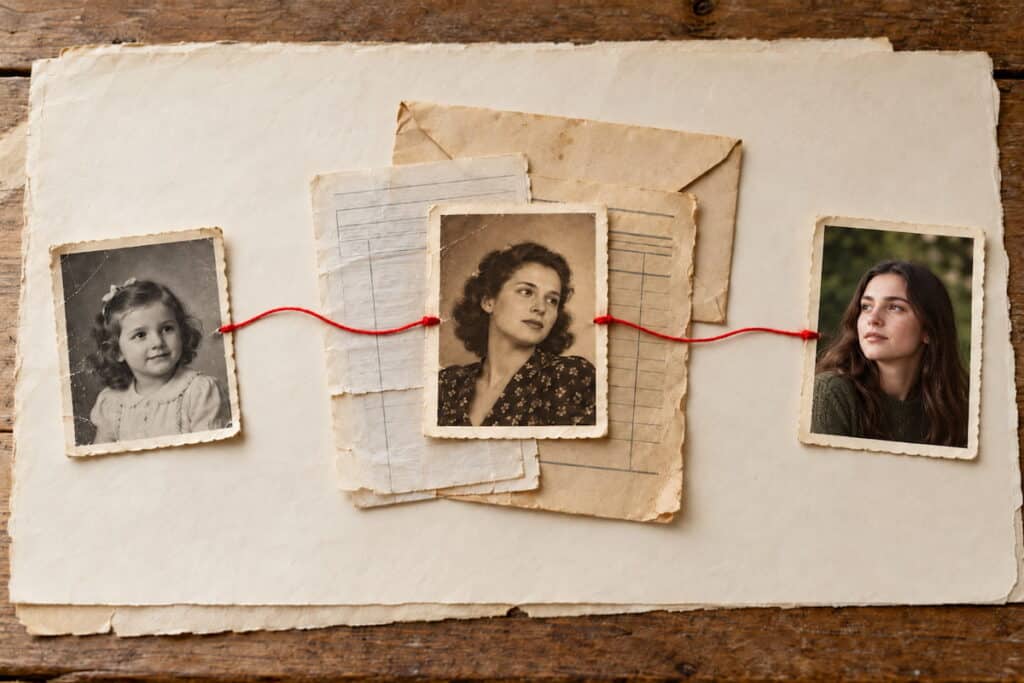 Three portrait photos of a young girl, a woman from the 1940s and a present-day woman, linked by red thread across old records and an envelope.