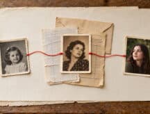 Three portrait photos of a young girl, a woman from the 1940s and a present-day woman, linked by red thread across old records and an envelope.