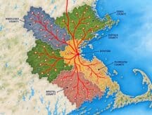 Illustrated map of the counties around Boston, shaded in different colours, with red branching lines spreading out from Boston like a family tree.